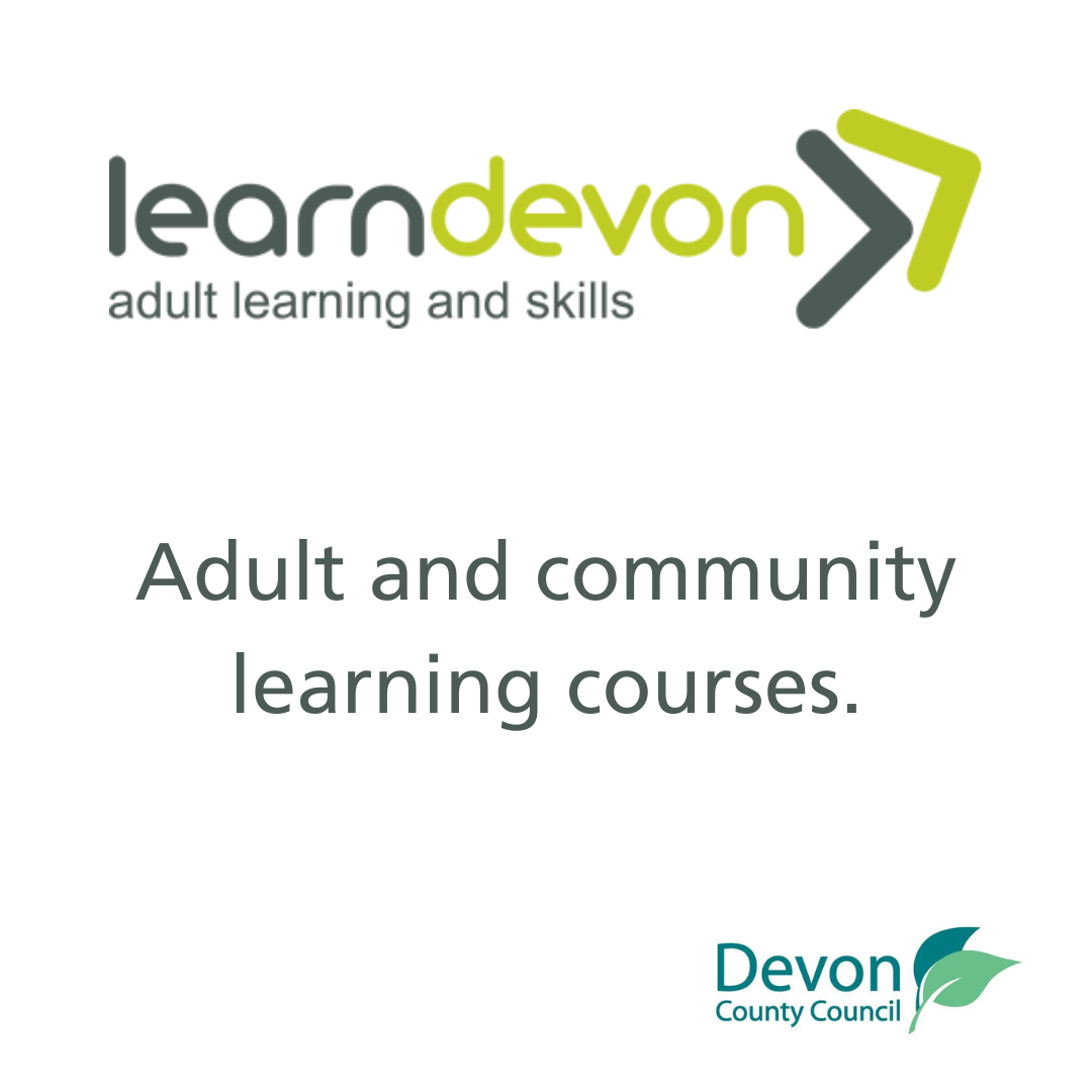 LearnDevon underneath is written adult and community learning courses. The Devon County Council logo is in the bottom right.